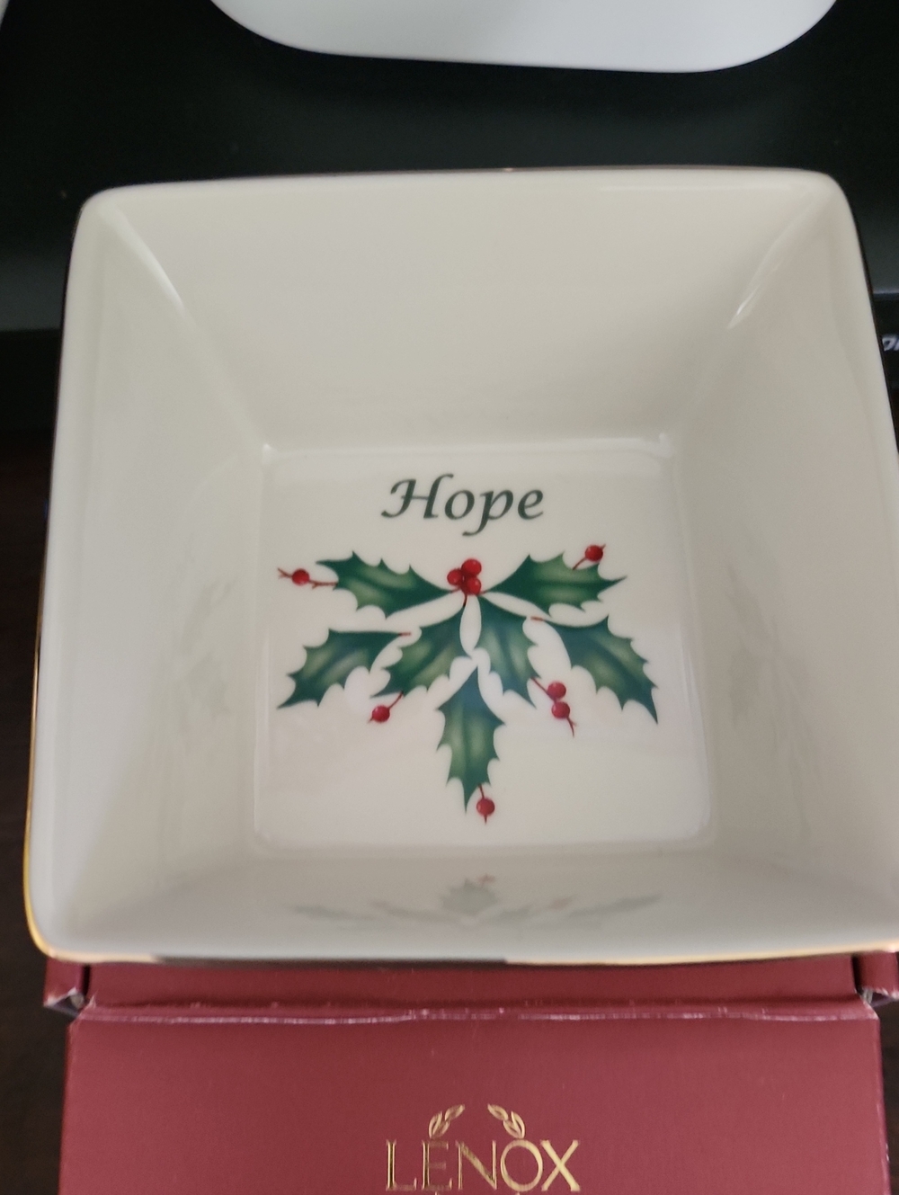 Lenox Holiday 'Hope' Square Bowl in White with Green and Red Accent